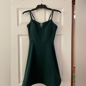 Green A-line formal dress, mesh design in front and double straps